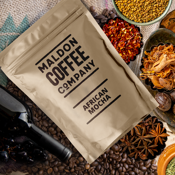 Brown bag of African Mocha coffee beans from Maldon Coffee Company.