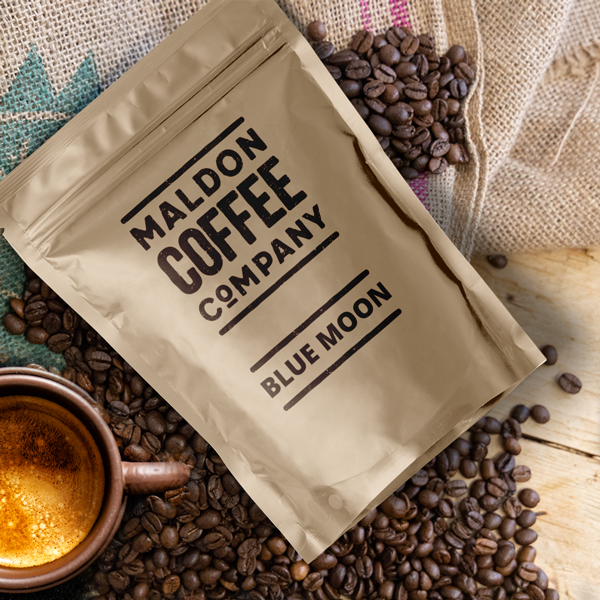 Brown bag of Blue Moon coffee beans from Maldon Coffee Company.