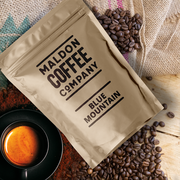 Brown bag of Blue Mountain coffee beans from Maldon Coffee Company.