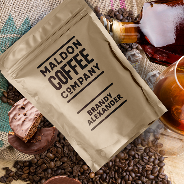 Brown bag of Brandy Alexander coffee beans from Maldon Coffee Company.
