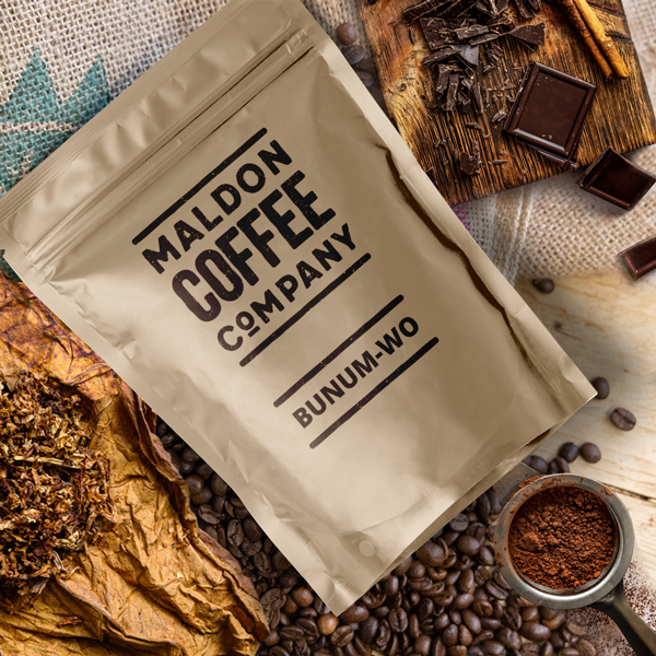 Brown bag of Bunum Wo coffee beans from Maldon Coffee Company.