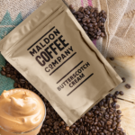 Brown sealed bag of Butterscotch Cream flavoured coffee beans from Maldon Coffee Company.