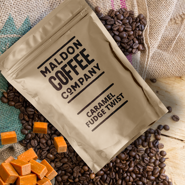 Brown bag of Maldon Coffee Company Caramel Fudge Twist flavoured coffee beans.