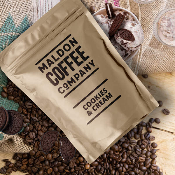 Bag of Cookies and Cream coffee beans from Maldon Coffee Company.