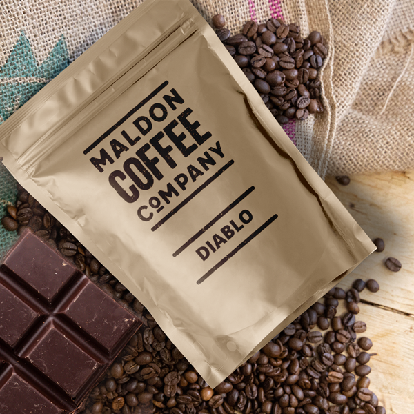 Brown bag of Diablo coffee beans from Maldon Coffee Company.