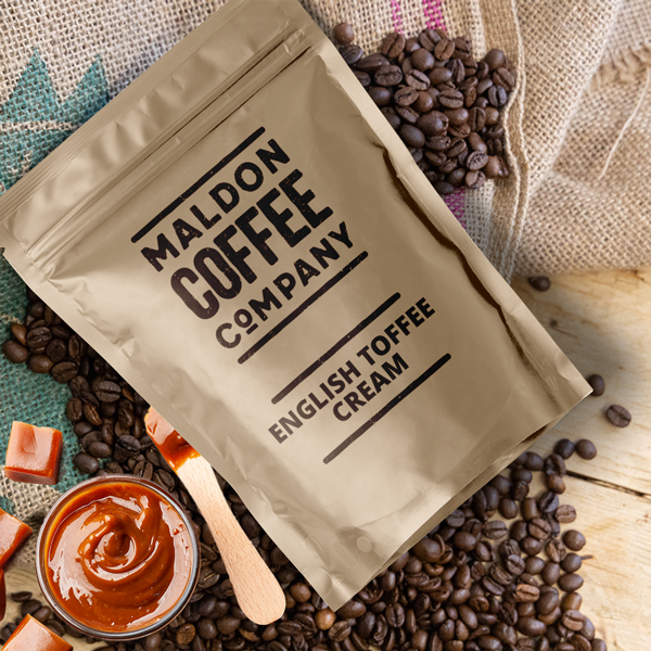 Bag of English Toffee Cream coffee beans from Maldon Coffee Company.