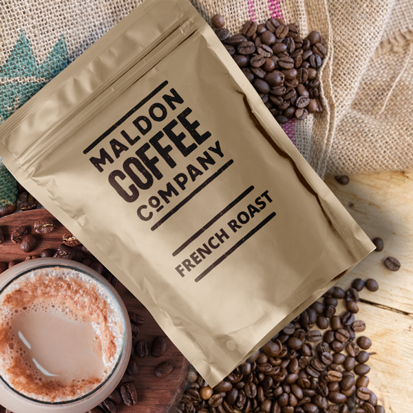 Brown bag of French roast coffee beans from Maldon Coffee Company.