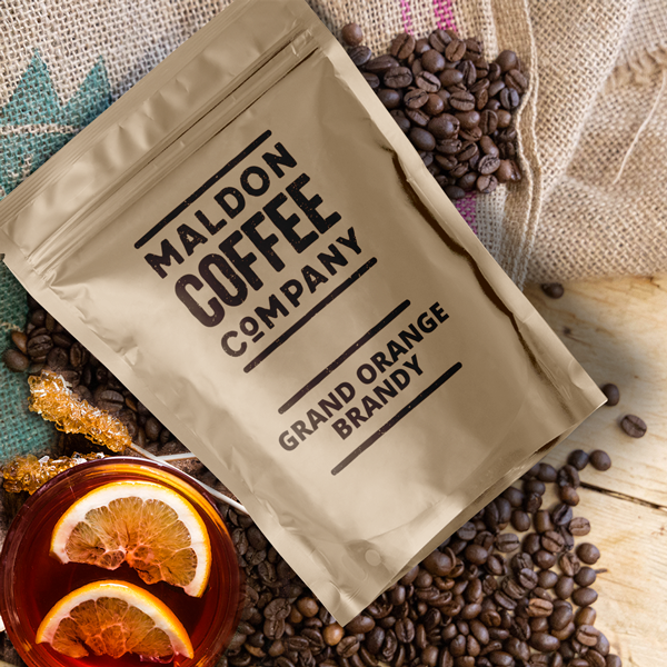 Bag of Grand Orange Brandy coffee beans from Maldon Coffee Company.