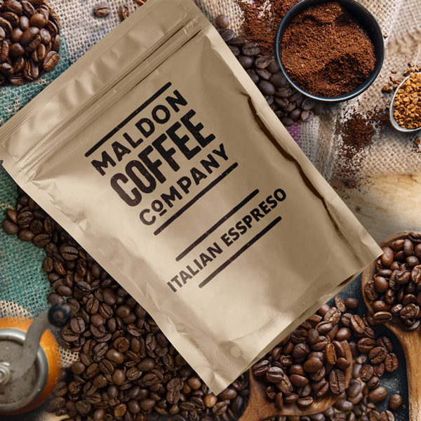 Brown bag of Italian Espresso coffee beans from Maldon Coffee Company