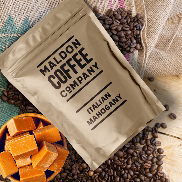 Brown bag of Italian Mahogany coffee beans from Maldon Coffee Company.