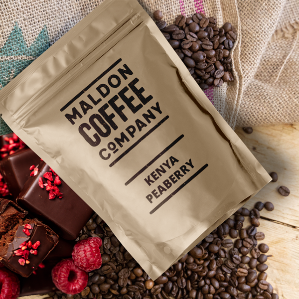 Brown bag of Kenya Peaberry coffee beans from Maldon Coffee Company.