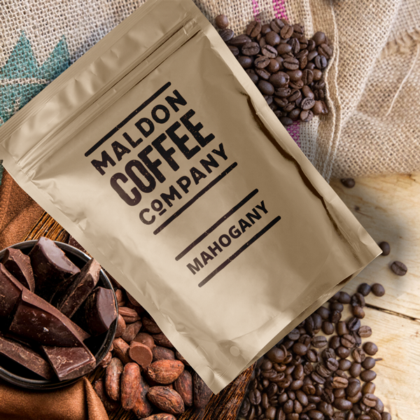 Brown bag of Mahogany coffee beans from Maldon Coffee Company.