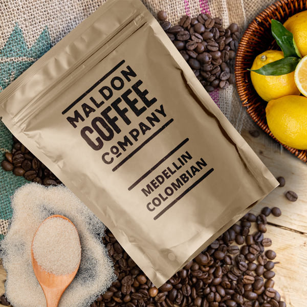Brown bag of Medellin Colombian coffee beans from Maldon Coffee Company.