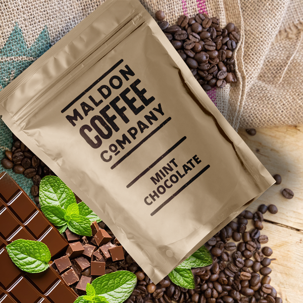 Brown bag of mint chocolate flavoured coffee beans.