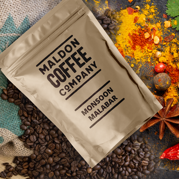 Brown bag of Monsoon Malabar coffee beans from Maldon Coffee Company.