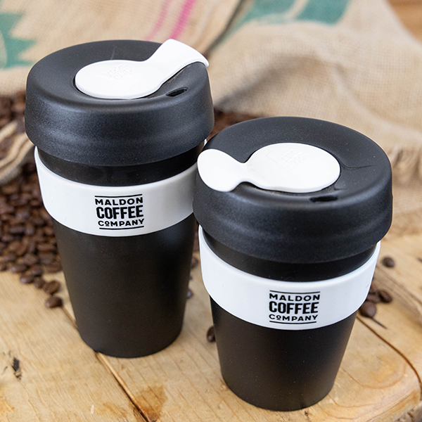1 big and 1 small reusable Maldon Coffee Company flasks.