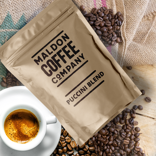 Sealed bag of Pucci Blend coffee beans from Maldon Coffee Company.