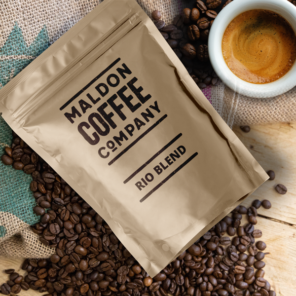 Brown sealed bag of Rio Blend coffee beans from Maldon Coffee Company.
