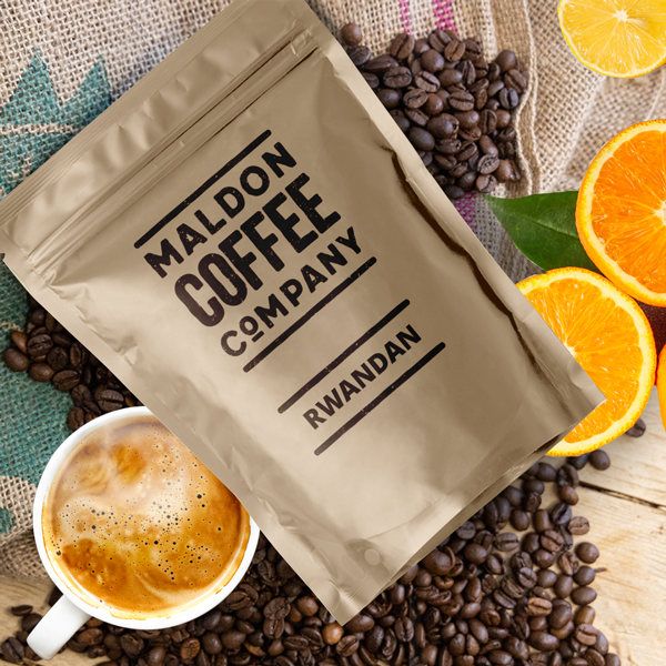 Sealed bag of Rwandan coffee beans from Maldon Coffee Company.