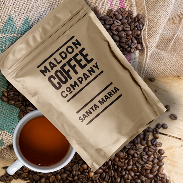 Sealed bag of Santa Maria coffee beans from Maldon Coffee Company.