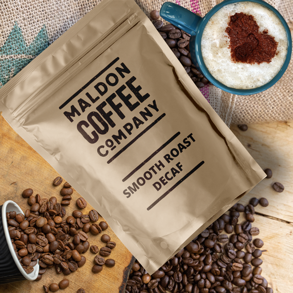 Sealed bag of smooth roast decaf coffee beans from Maldon Coffee Company.