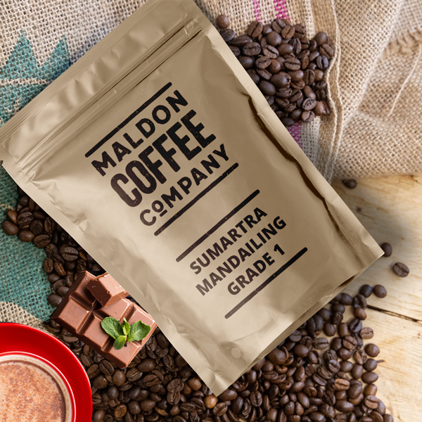 Sealed bag of Sumatra Mandheling grade 1 coffee beans from Maldon Coffee Company.