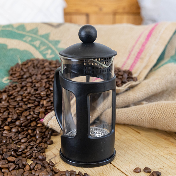 A small black glass cafetiere.