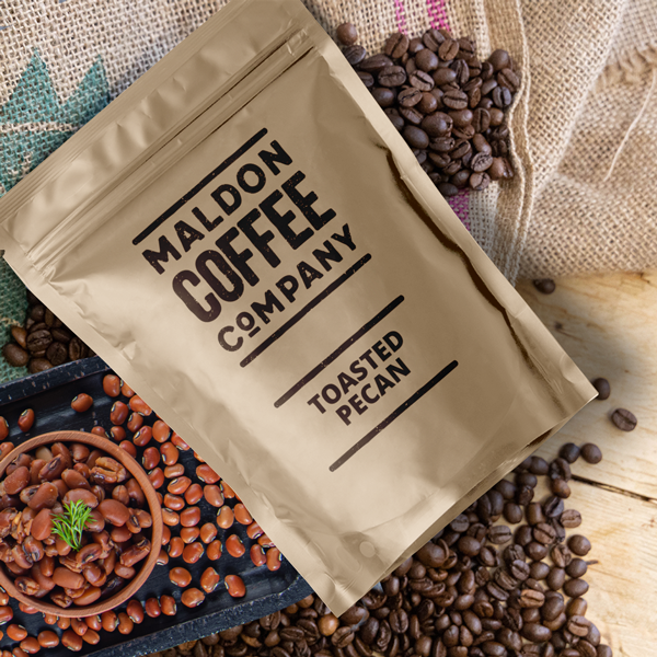 Bag of toasted pecan flavoured coffee beans from Maldon Coffee Company.