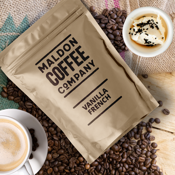 Brown bag of Vanilla French coffee beans from Maldon Coffee Company.