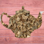 Tea leaves in the shape of a teapot.